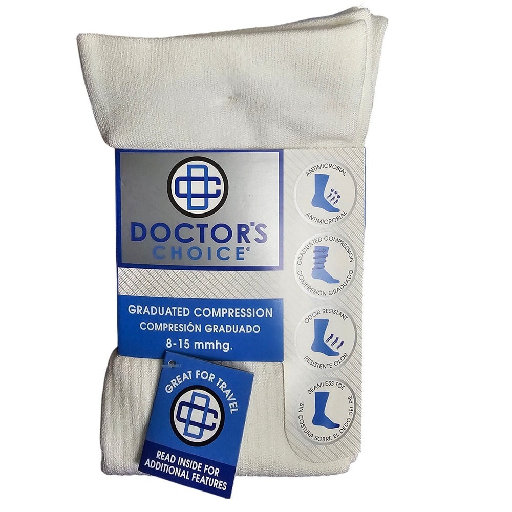 Doctors Choice Graduated Compression Socks White 8-15 mmHg Travel Seamless Toe